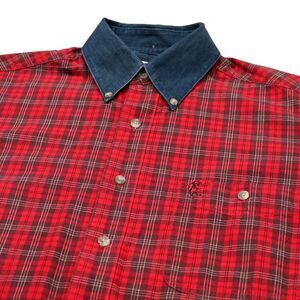 Wrangler PBR Western Shirt Men's Medium Red Plaid Pocket‎ Denim Collar Vintage